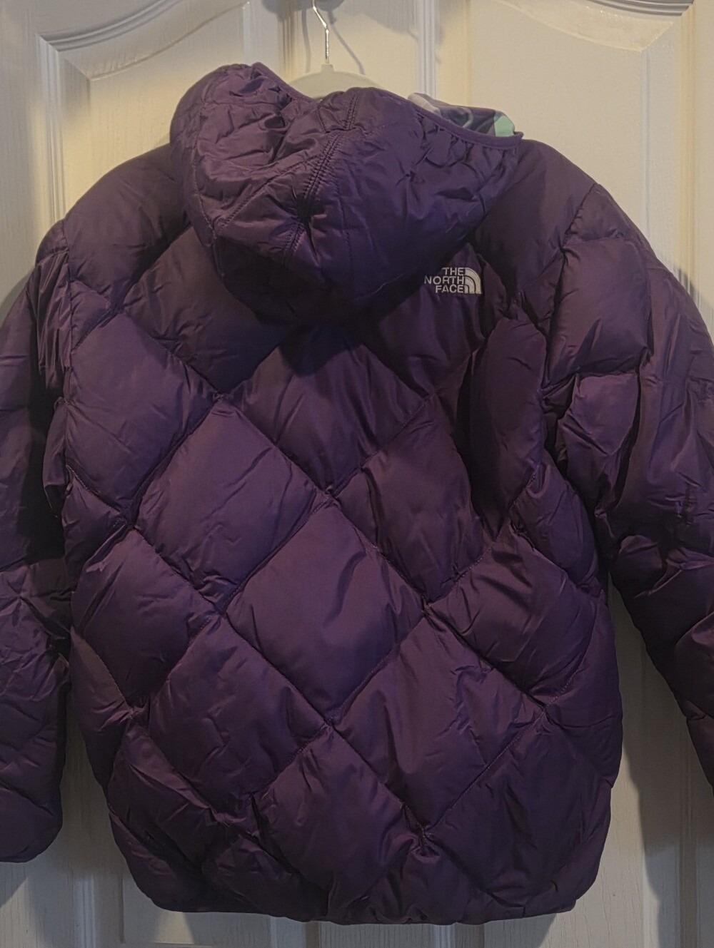 The North Face Girls XL 18 Reversible Hooded Puffer Jacket Purple Plaid - Picture 5 of 7